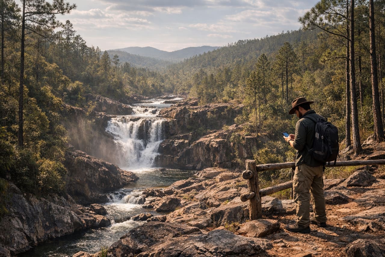 La foresta montana di Mountain Pine Ridge, un viaggiatore guarda la mappa sul telefono