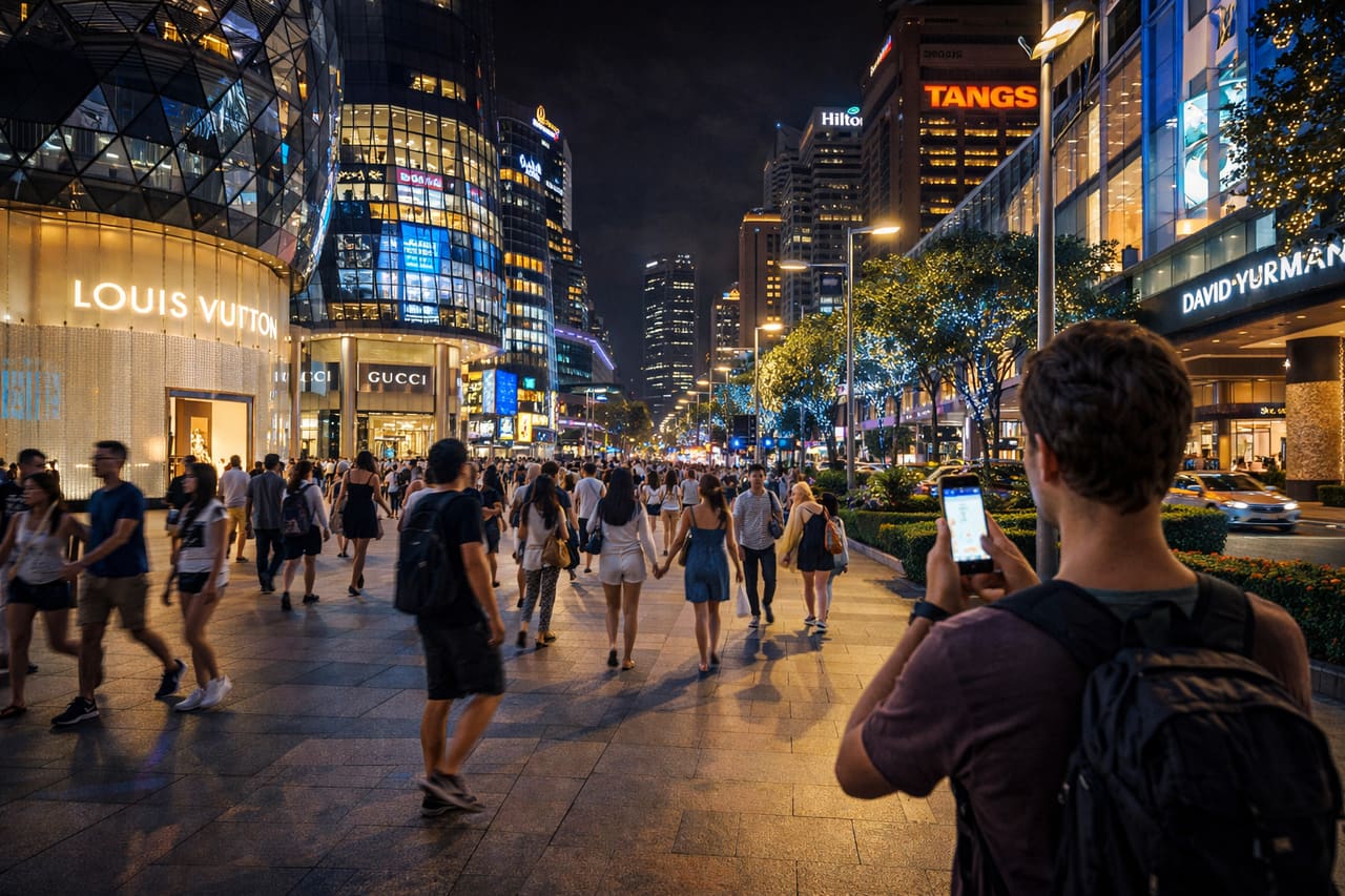 Orchard Road illuminata con i centri commerciali.