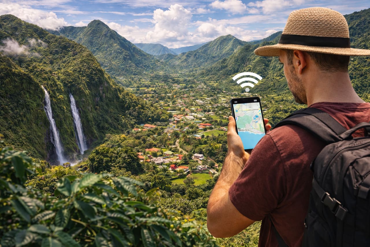 Valle di Antón nel cratere vulcanico e viaggiatore con smartphone con eSIM