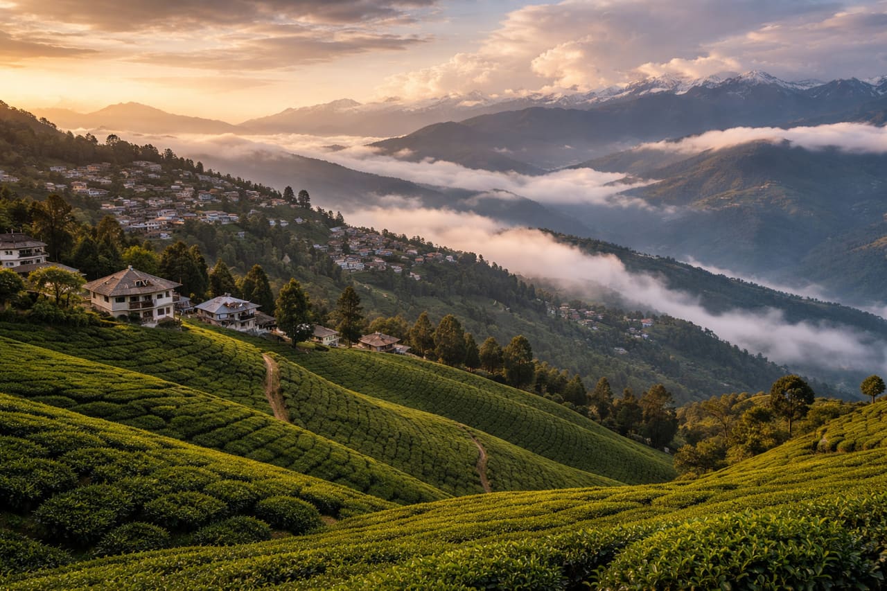 Čajové plantáže v Darjeelingu na horských svazích, zelené kopce, lehká mlha a jemná atmosféra chladného horského regionu Indie.