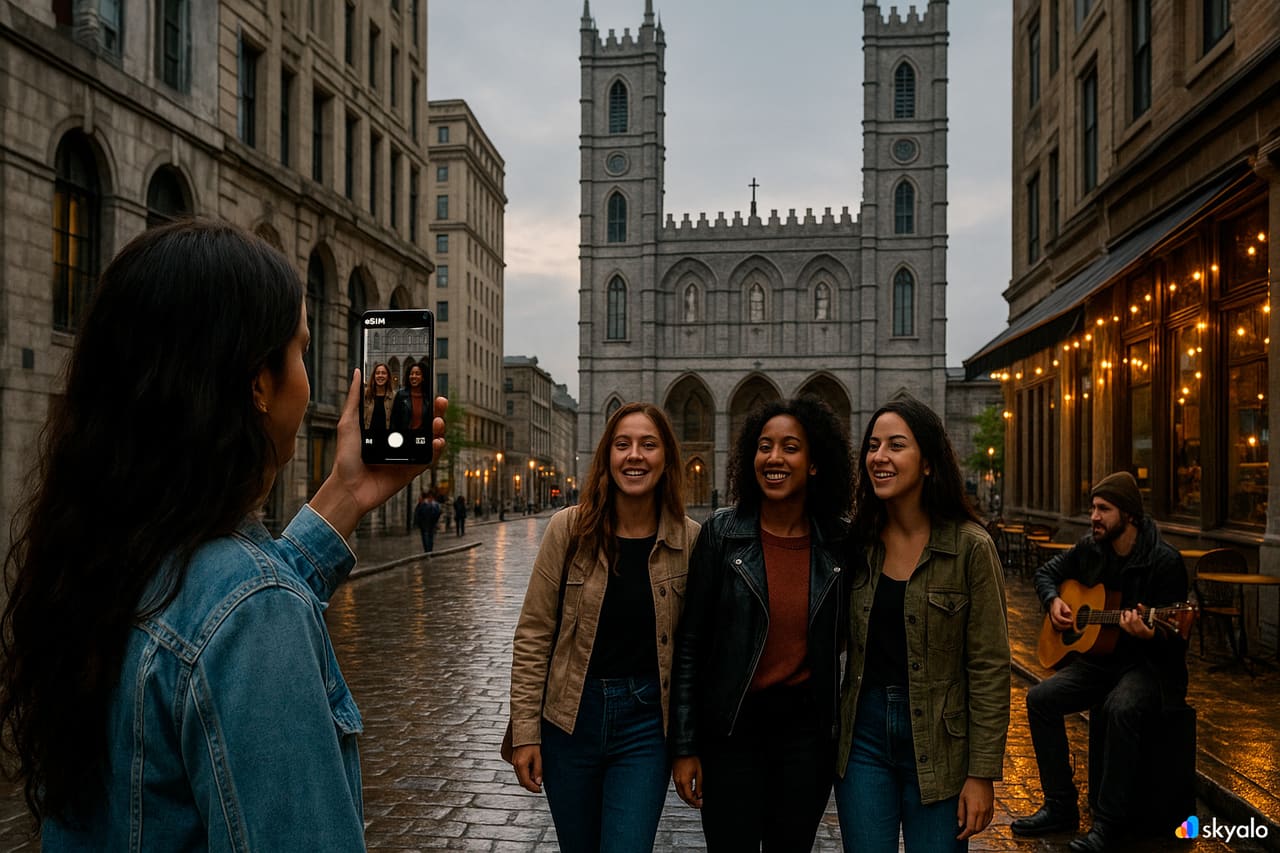 Donna che fotografa gli amici vicino alla Basilica di Notre-Dame; telefono con eSIM, acciottolato e morbide luci della sera