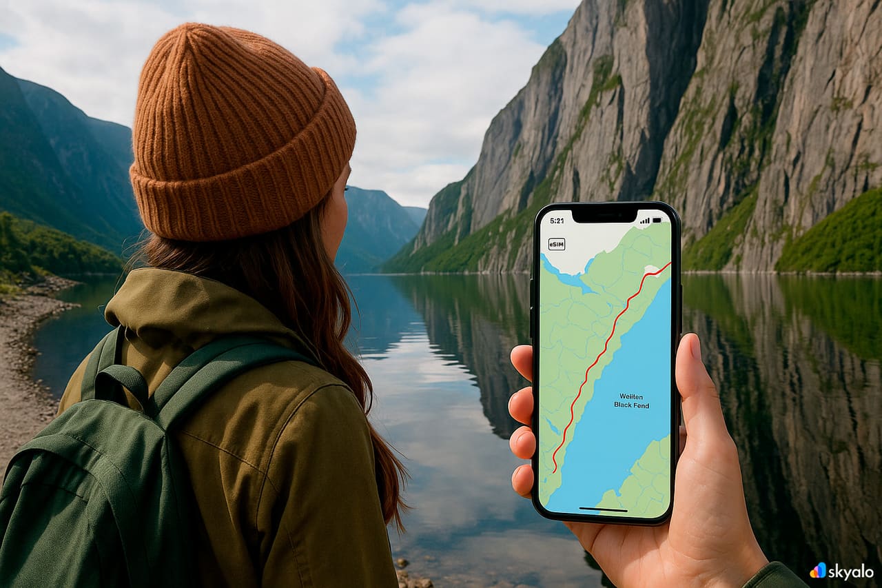Fiordo di Gros Morne; traccia escursionistica sul telefono, pareti a picco riflesse in acque verdi e immobili