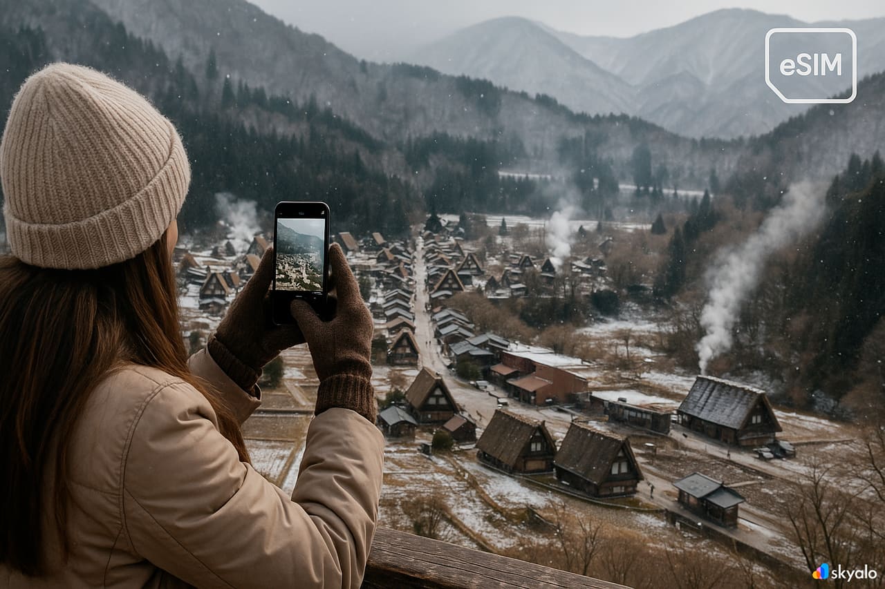 View of Shirakawa-go from the hillside; snowy rooftops, smoke rising, mountains behind, sharing photos via eSIM