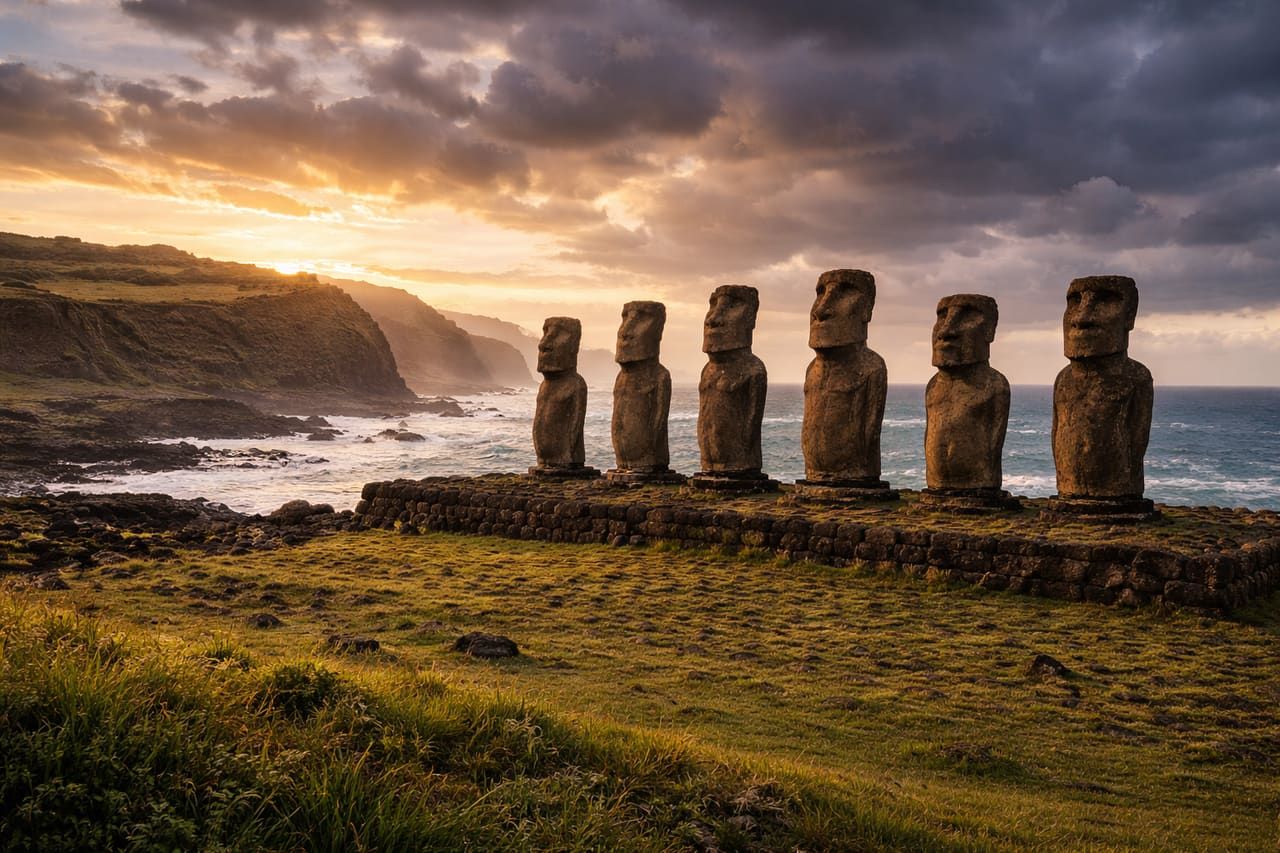 Statue moai sull’Isola di Pasqua nell’Oceano Pacifico