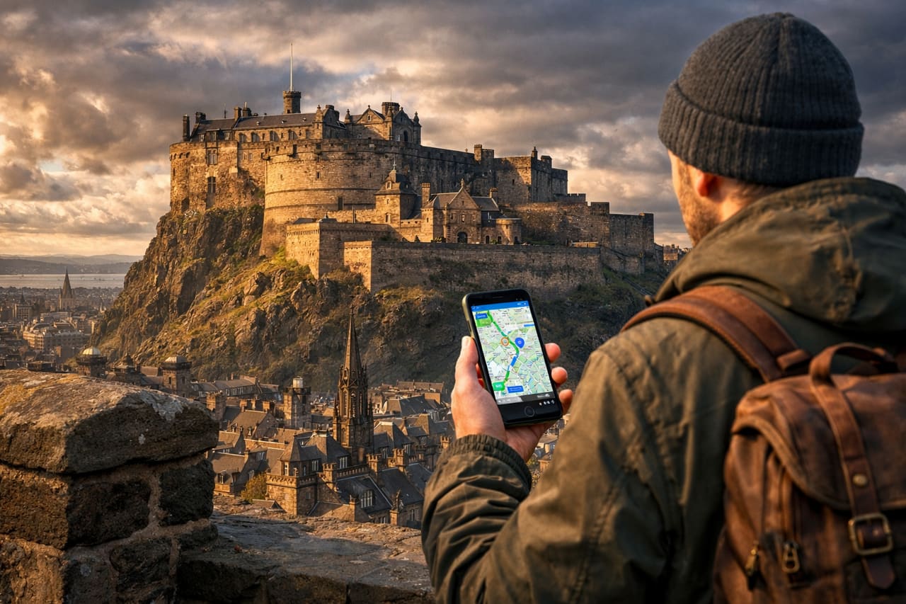 Il Castello di Edimburgo sulla roccia e un turista con smartphone con eSIM attiva