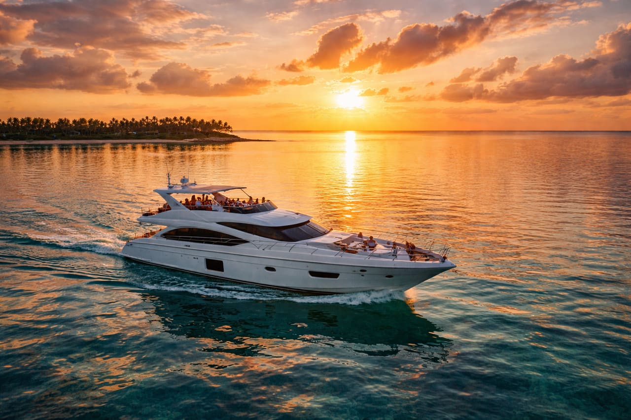 Yacht sullo sfondo di un tramonto dorato sulla laguna