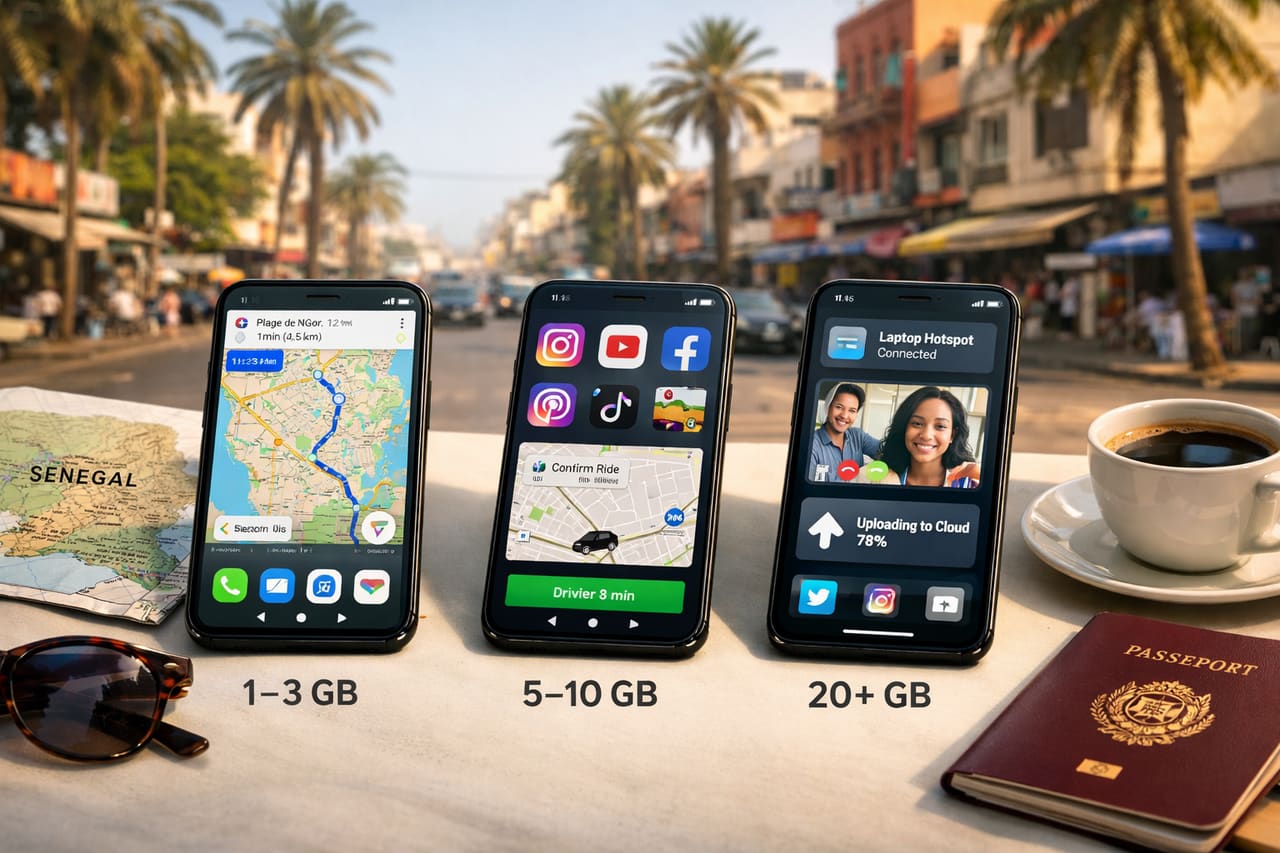 Quanti dati mobili servono a un turista in Senegal – smartphone con app di navigazione, social network e videochiamate.