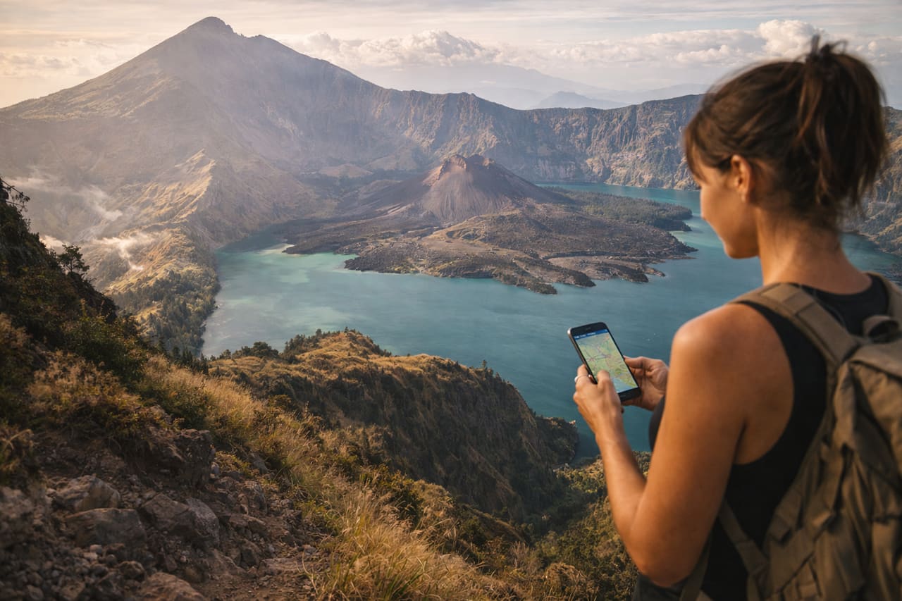Vulcano Rinjani e una viaggiatrice con lo smartphone