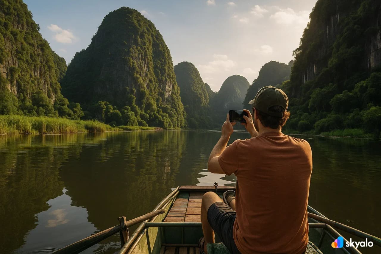 Giro in barca lungo il fiume Tam Coc a Ninh Binh, viaggiatore che usa la eSIM per trasmettere in diretta il viaggio