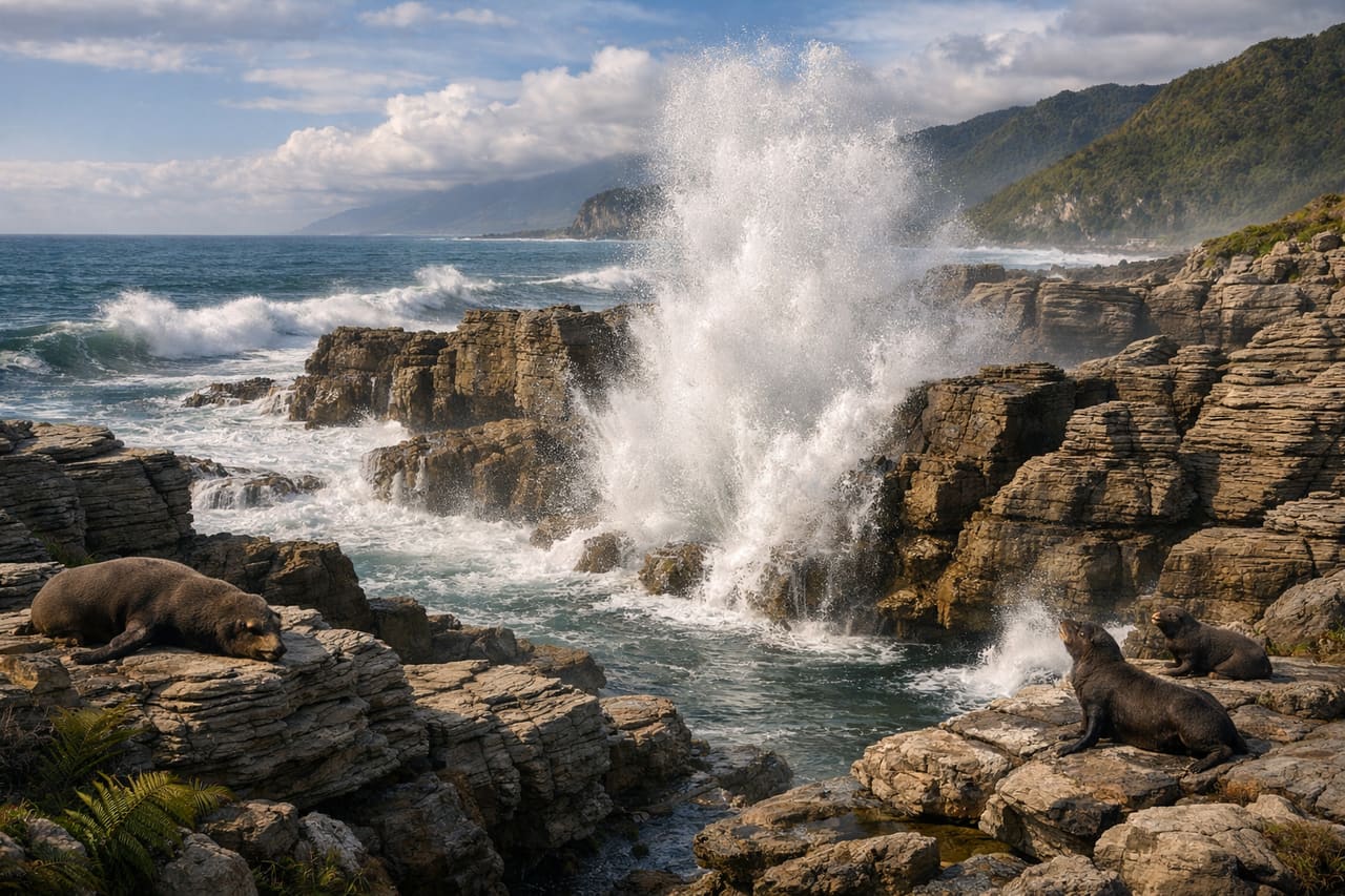 Скалы Pancake Rocks и океанские волны