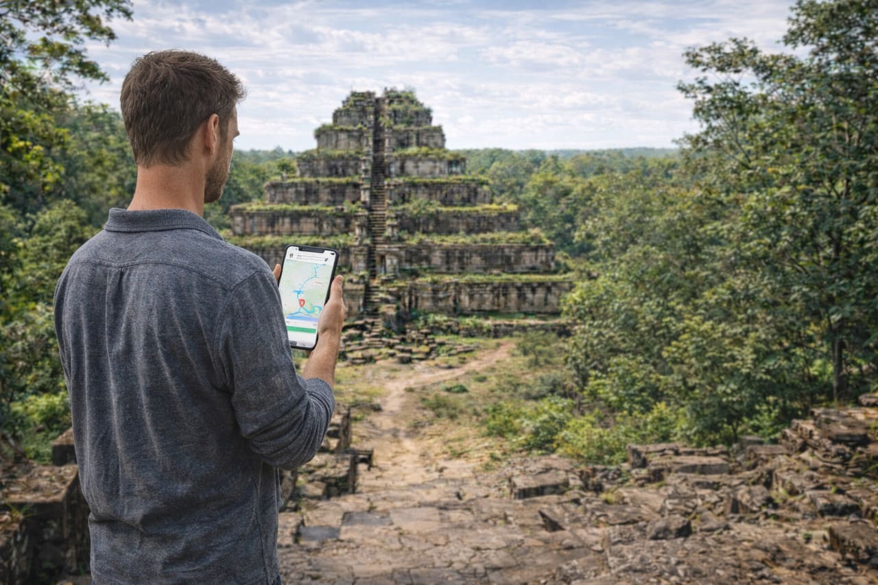 Piramide di Koh Ker e viaggiatore con eSIM attiva
