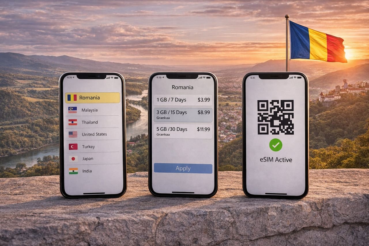 Attivazione della eSIM per internet in Romania su smartphone – scelta della tariffa, installazione e attivazione della eSIM per viaggi.