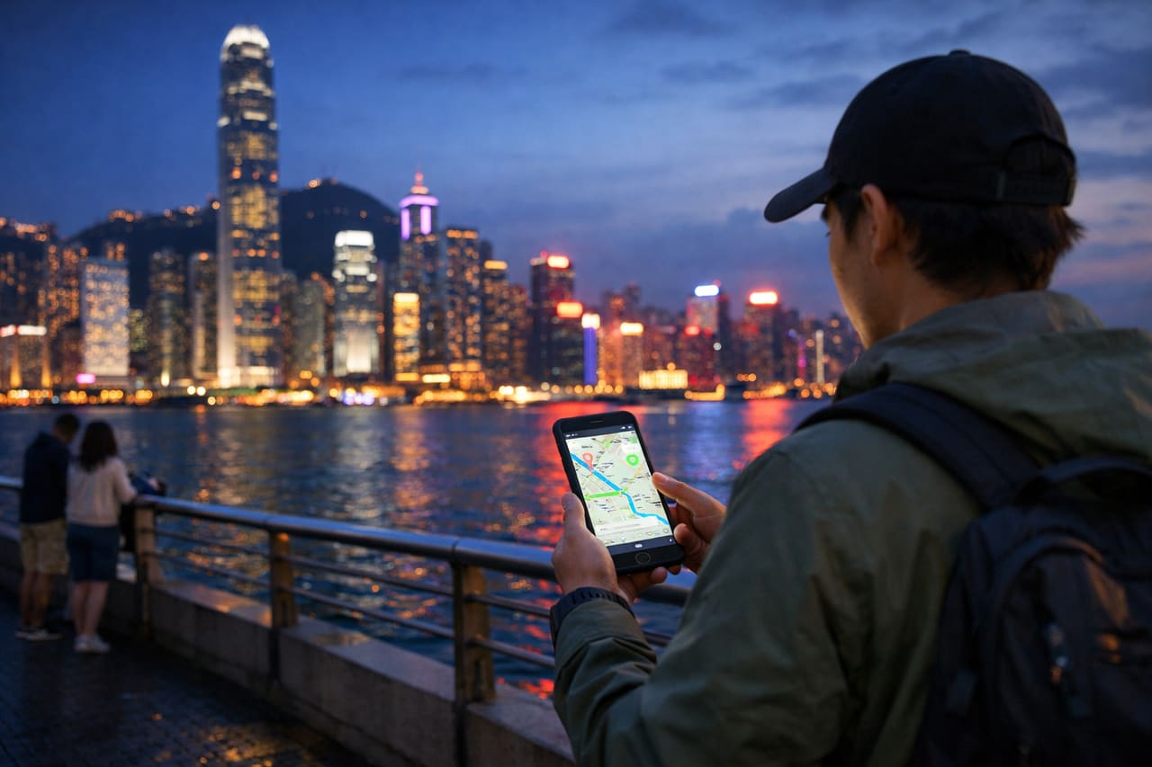 Un turista usa uno smartphone con internet mobile sul lungomare di Victoria Harbour a Hong Kong.