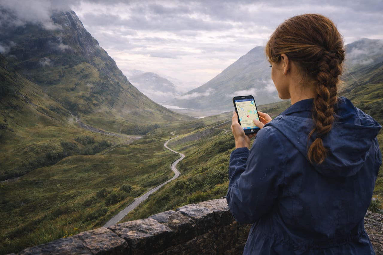 Le montagne delle Highlands scozzesi e un viaggiatore con smartphone con eSIM