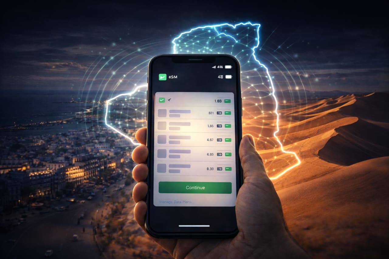 Smartphone con eSIM attiva sullo sfondo della mappa dell’Algeria e copertura di rete simbolica