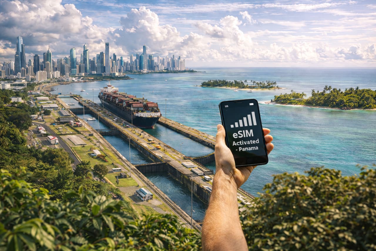Panama - panorama di Panama City, del Canale di Panama e viaggiatore con smartphone con eSIM attiva