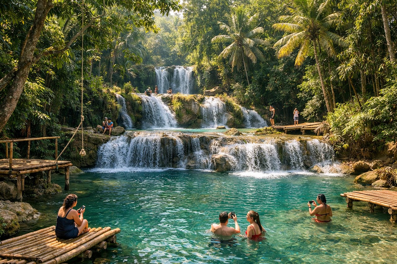 La cascata Cambugahay sull’isola di Siquijor tra le giungle tropicali delle Filippine.