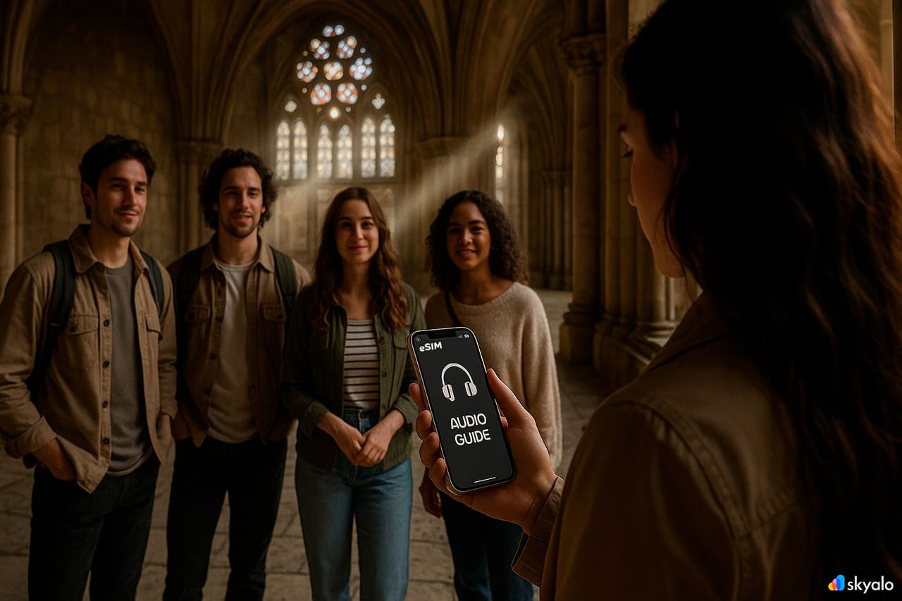 Gruppo in visita che ascolta un’audioguida a Batalha; telefono online con eSIM Skyalo, raggi di luce e merletto di pietra del chiostro
