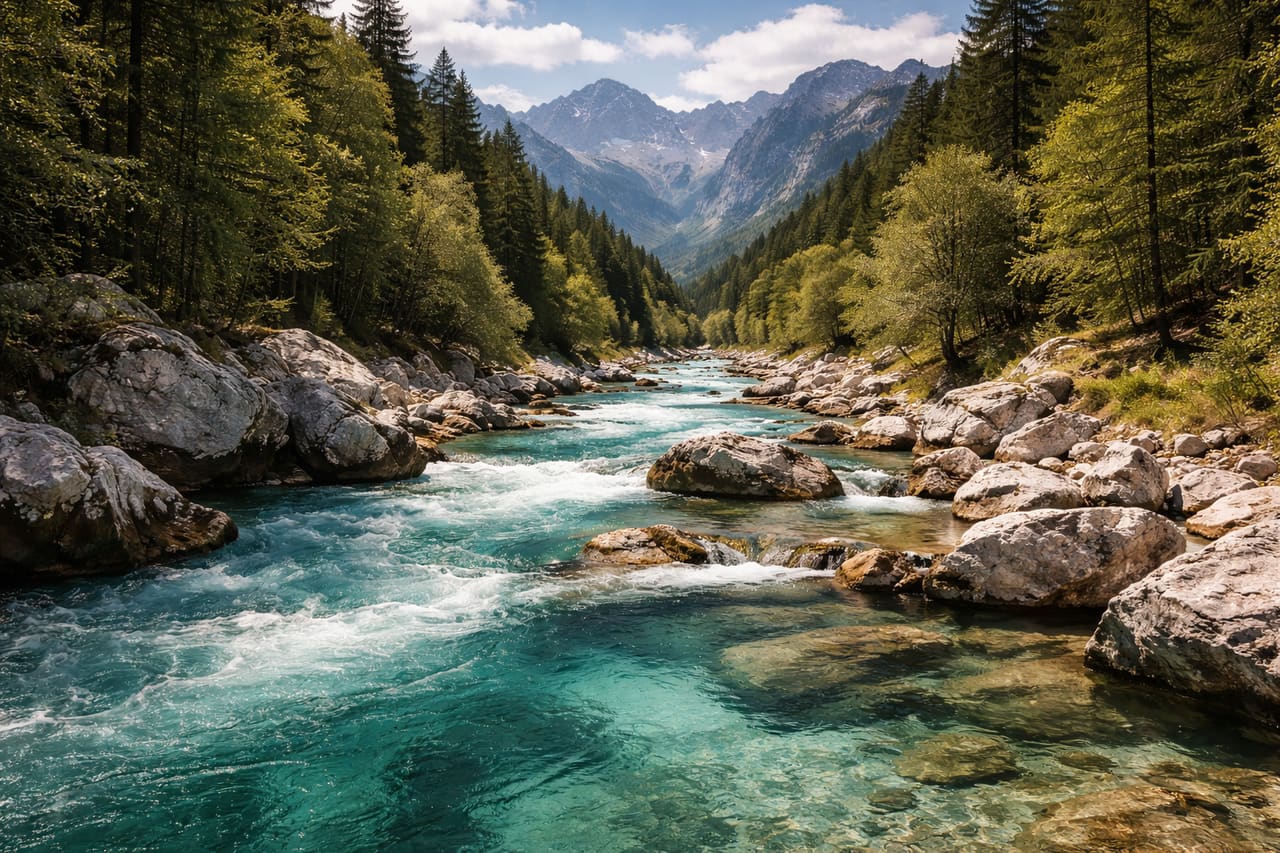 Река Соча в Словении с яркой бирюзовой водой, каменистыми берегами, зелёными лесами и горами на фоне