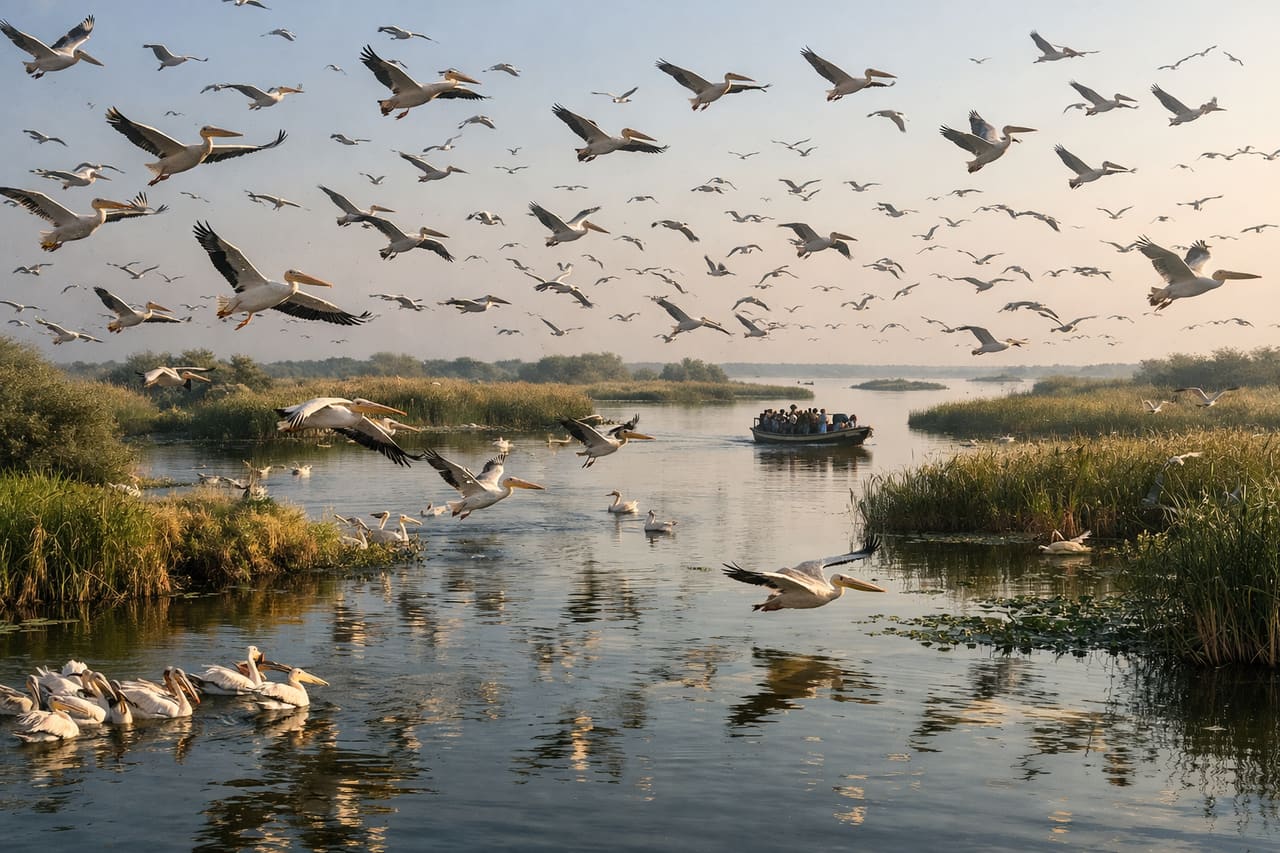Pellicani e lagune d’acqua del Parco nazionale del Djoudj.