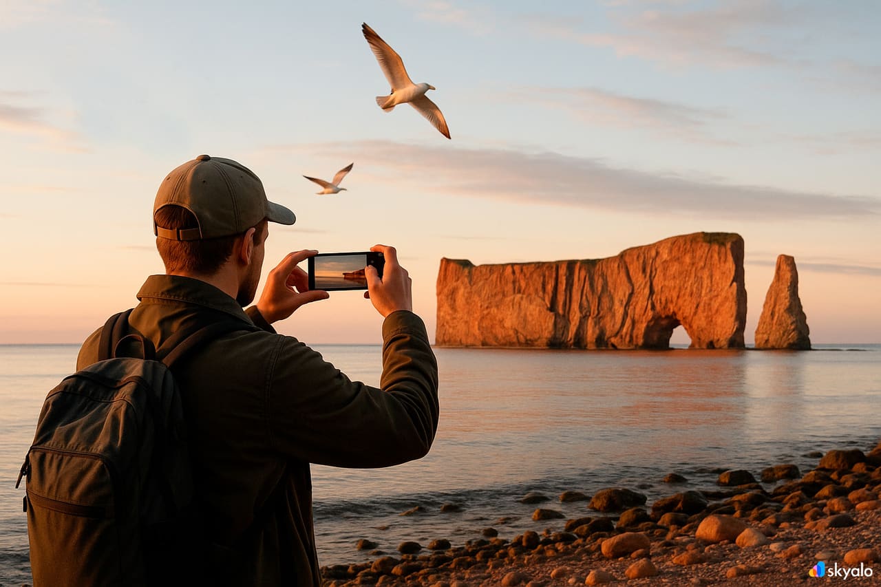 Percé Rock all’alba; uccelli marini in volo e aria salmastra dell’Atlantico nel sole che sorge