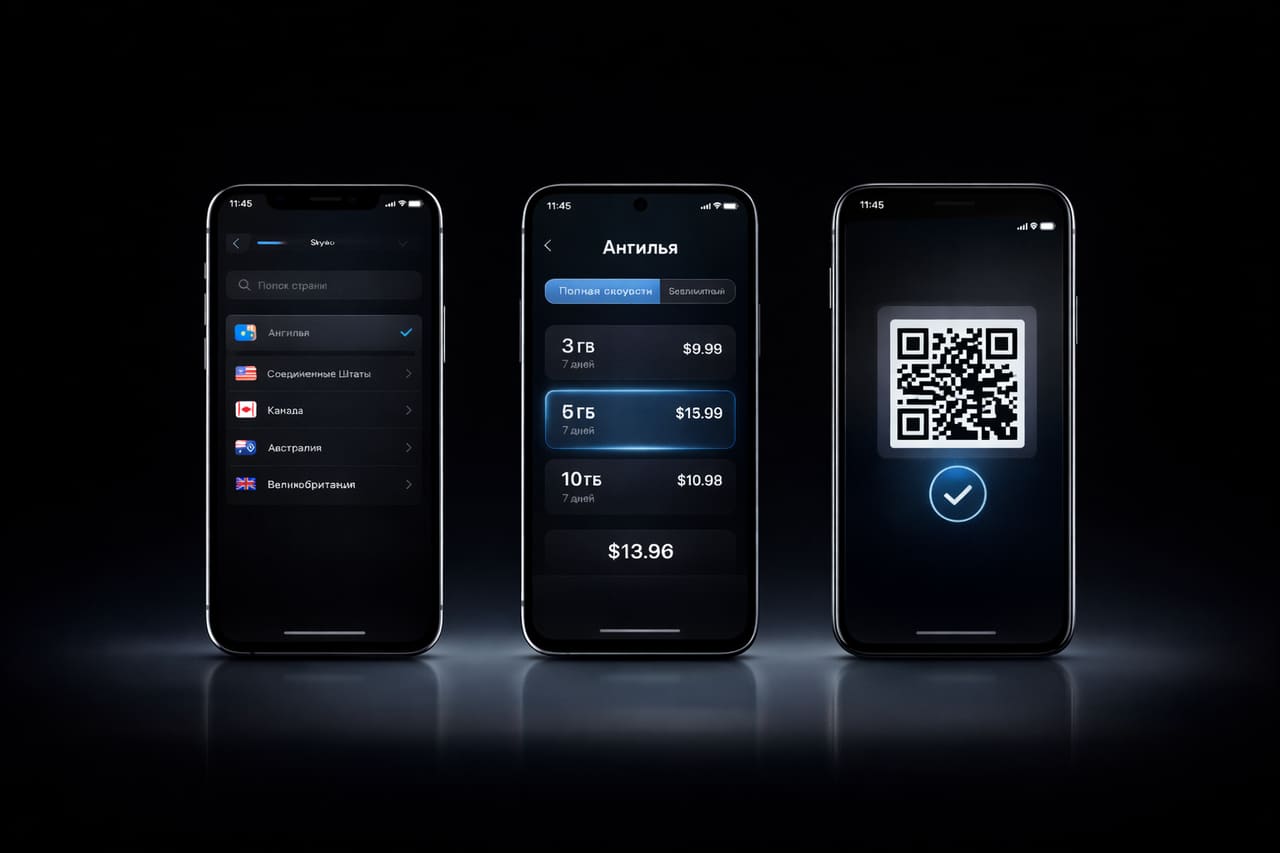 Interfaccia moderna dell’app per connettere l’eSIM in stile scuro