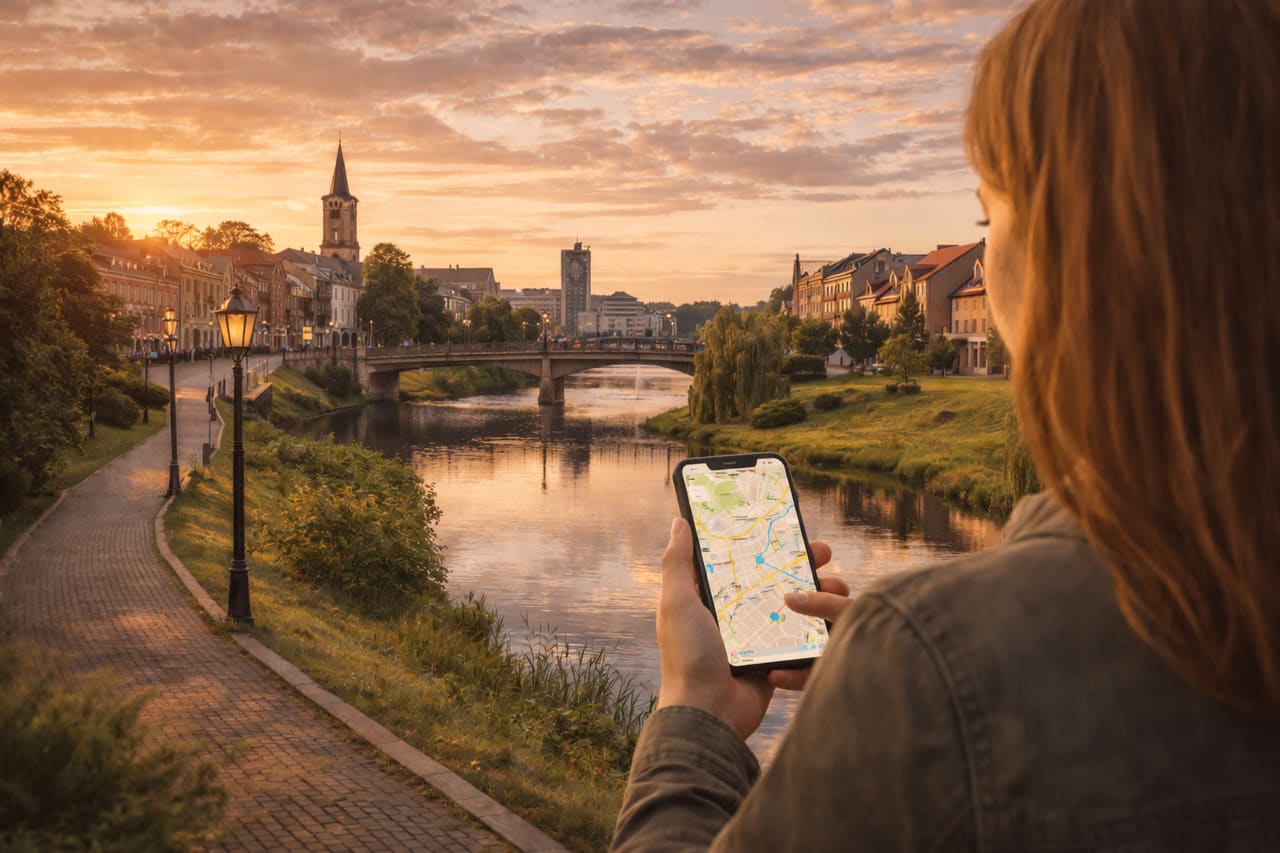 Centro di Panevėžys sul fiume Nevėžis e viaggiatore con smartphone con eSIM attiva