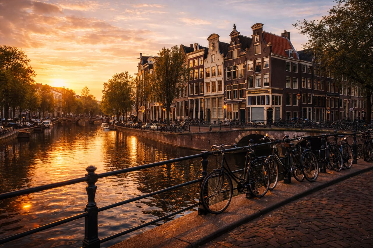 I canali di Amsterdam con case storiche e ponti al tramonto