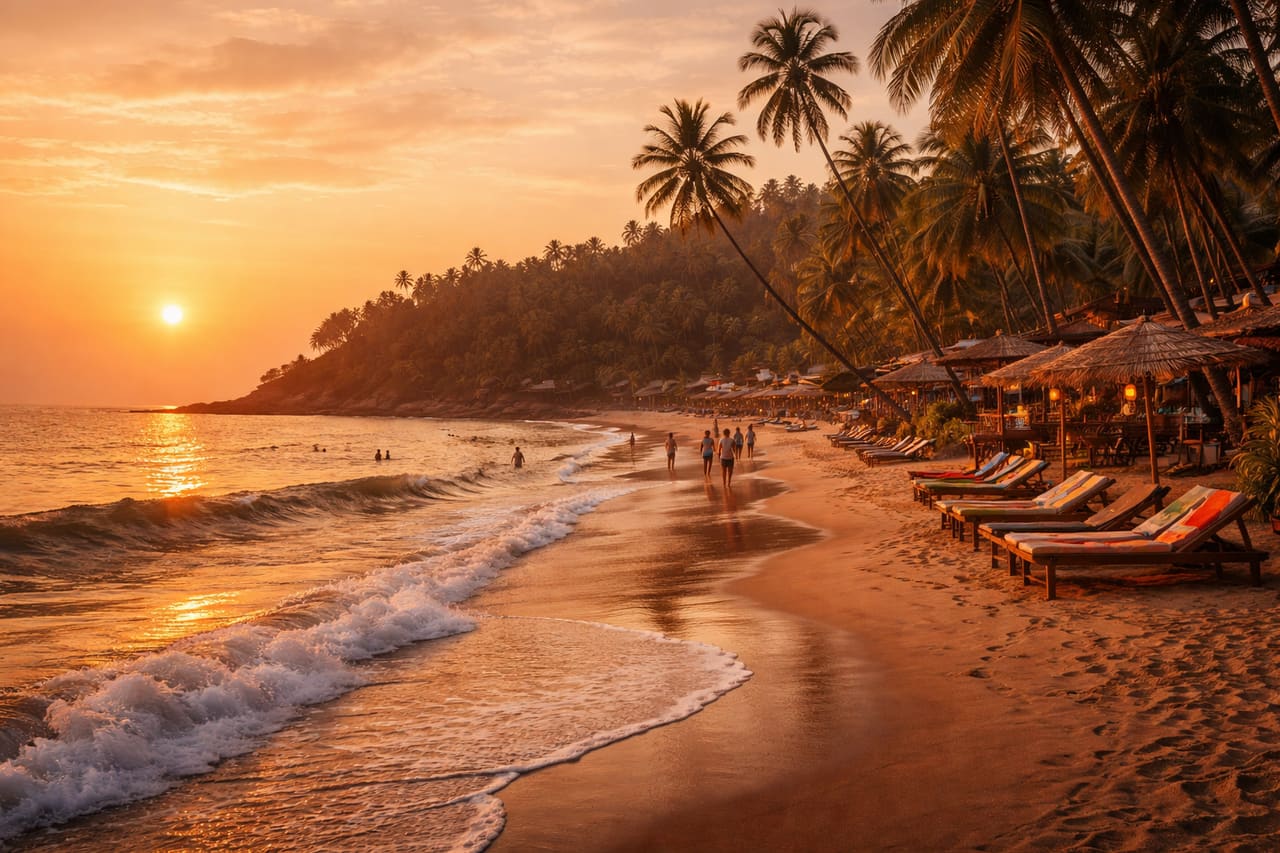 Tropická pláž Goa při západu slunce se zlatým pískem, palmami, jemnými oceánskými vlnami a teplou večerní oblohou v uvolněné letoviskové atmosféře.