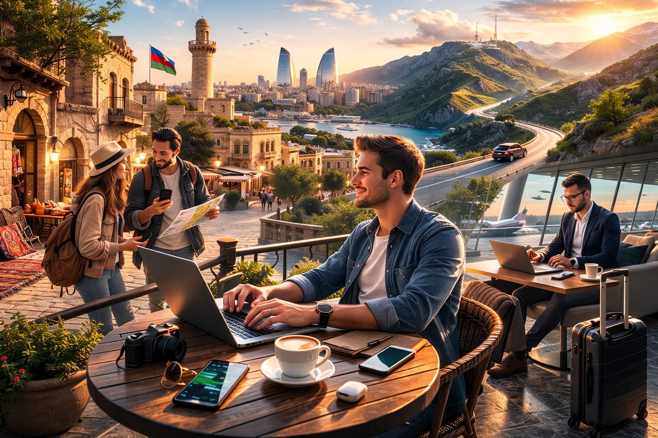 Scena lifestyle cinematografica in Azerbaigian: in primo piano un giovane viaggiatore lavora al laptop in un caffè di Baku, lo smartphone è sul tavolo accanto al caffè; a sinistra una coppia passeggia nella Città Vecchia con mappa e telefono; a destra un viaggiatore business nella lounge dell’aeroporto con valigia; sullo sfondo una strada tortuosa tra i monti del Caucaso e il profilo delle Flame Towers.