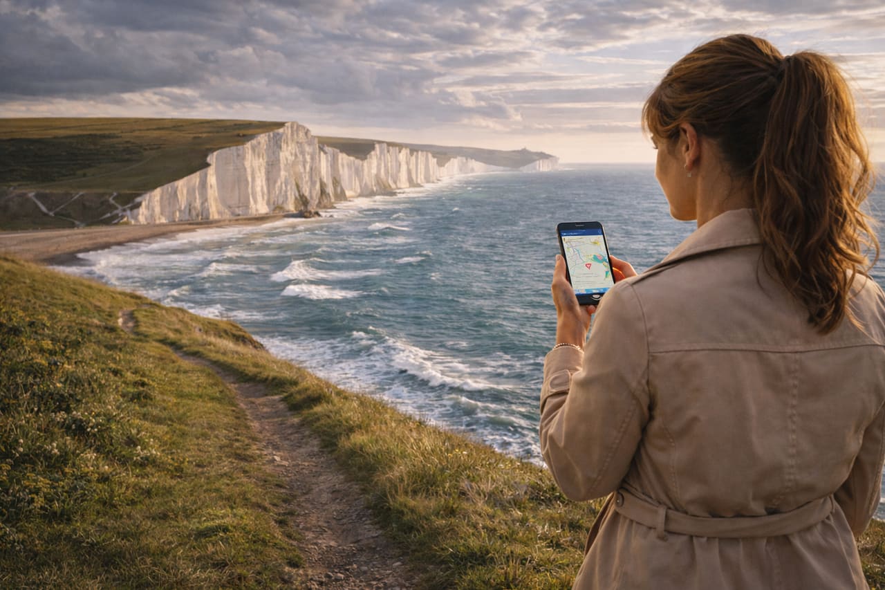 Le bianche scogliere Seven Sisters e un turista con smartphone con eSIM sulla costa inglese