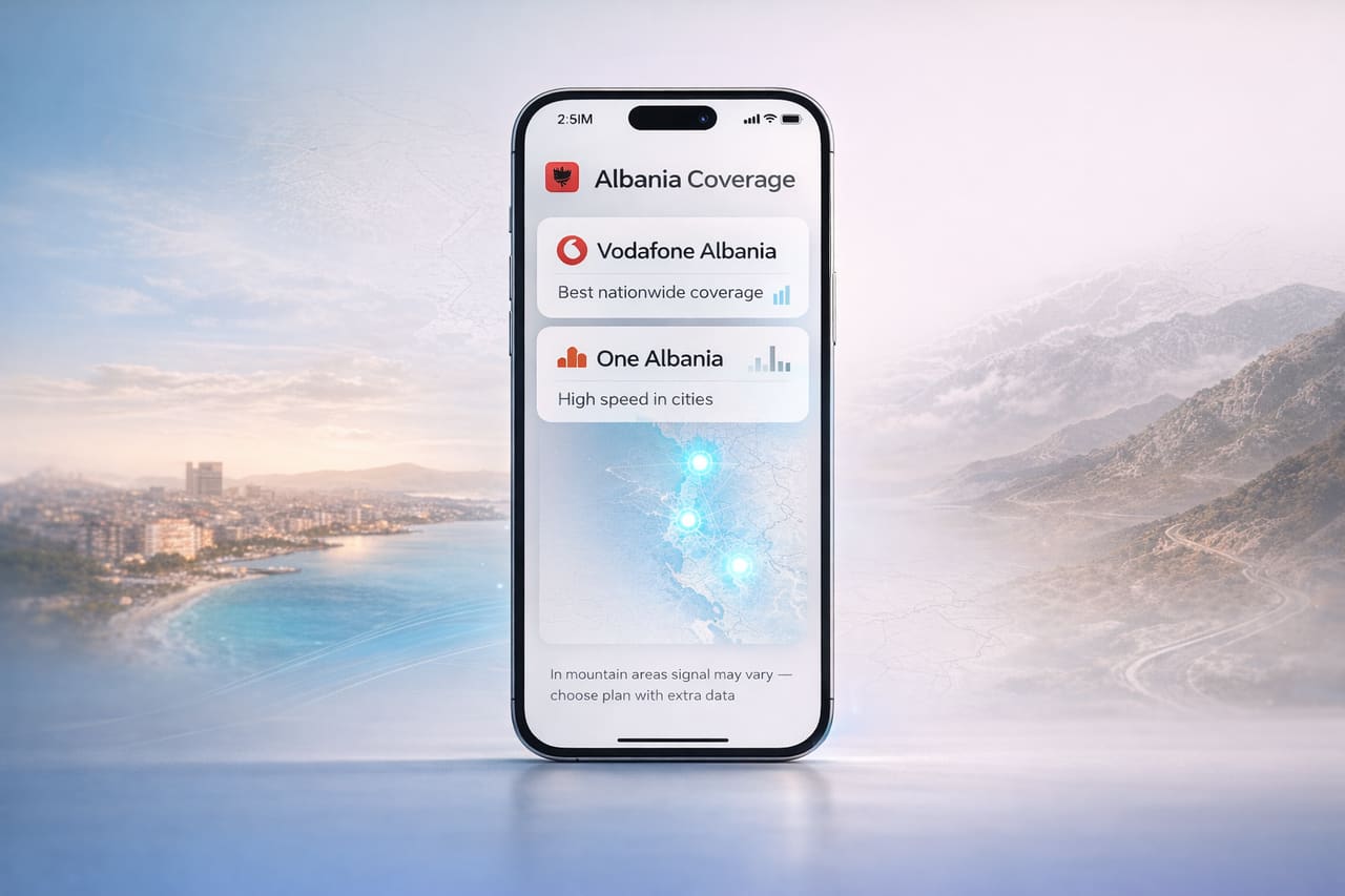 Uno smartphone con schermata Albania Coverage - Vodafone Albania e One Albania, mappa del segnale nel Paese con intensità maggiore in città e sulla costa.