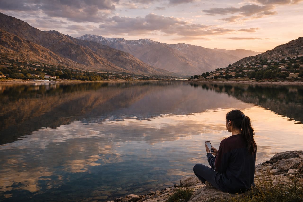 Lago Qargha e un turista che usa la eSIM