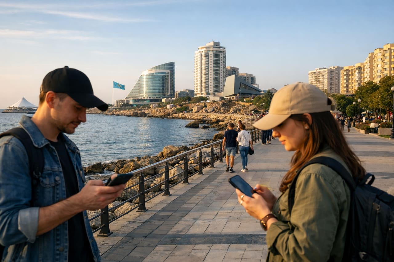 Viaggiatori passeggiano sul lungomare di Aktau con smartphone e eSIM