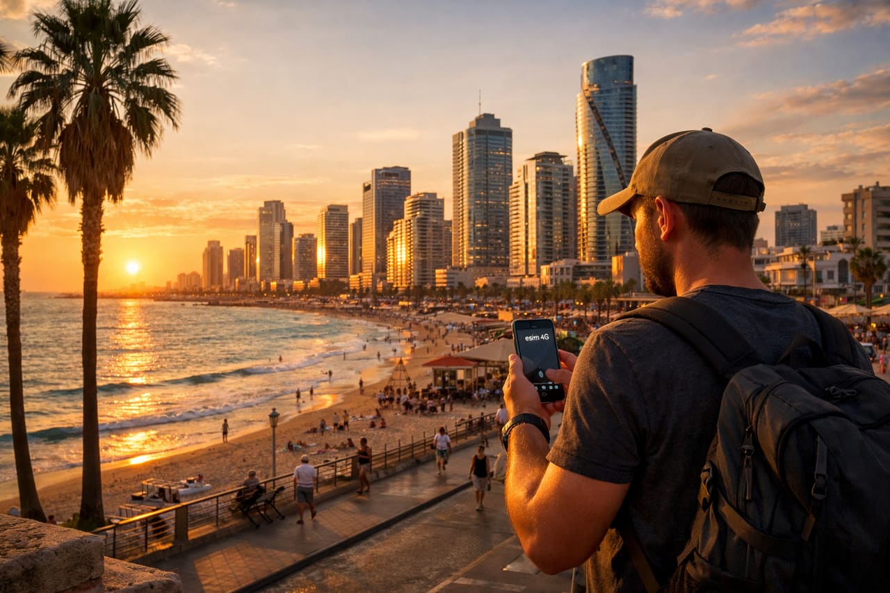 Panorama di Tel Aviv con grattacieli e un viaggiatore che usa uno smartphone con eSIM sul lungomare