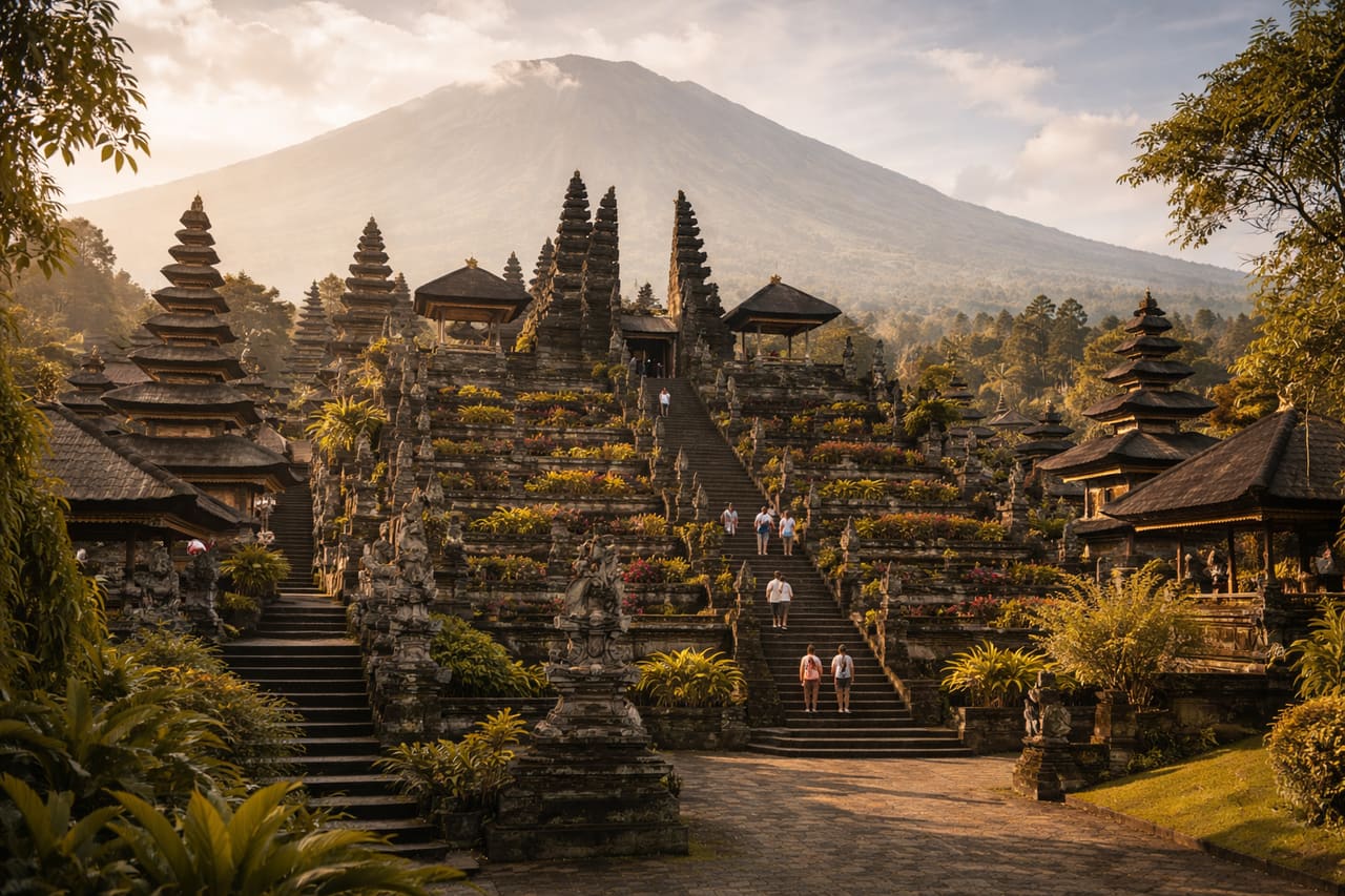 Tempio di Besakih sullo sfondo del vulcano Agung