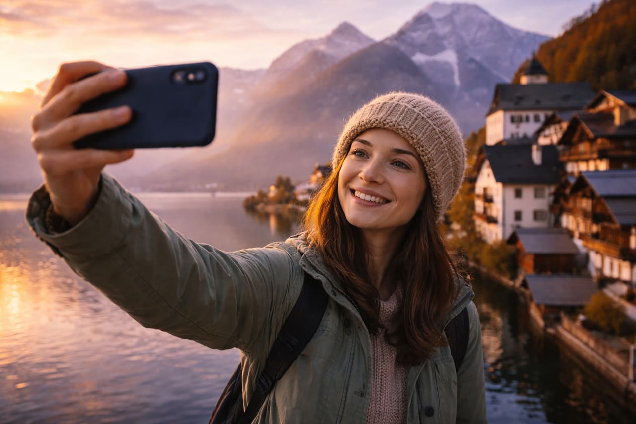 Selfie al lago di Hallstatt usando eSIM per viaggiare in Austria