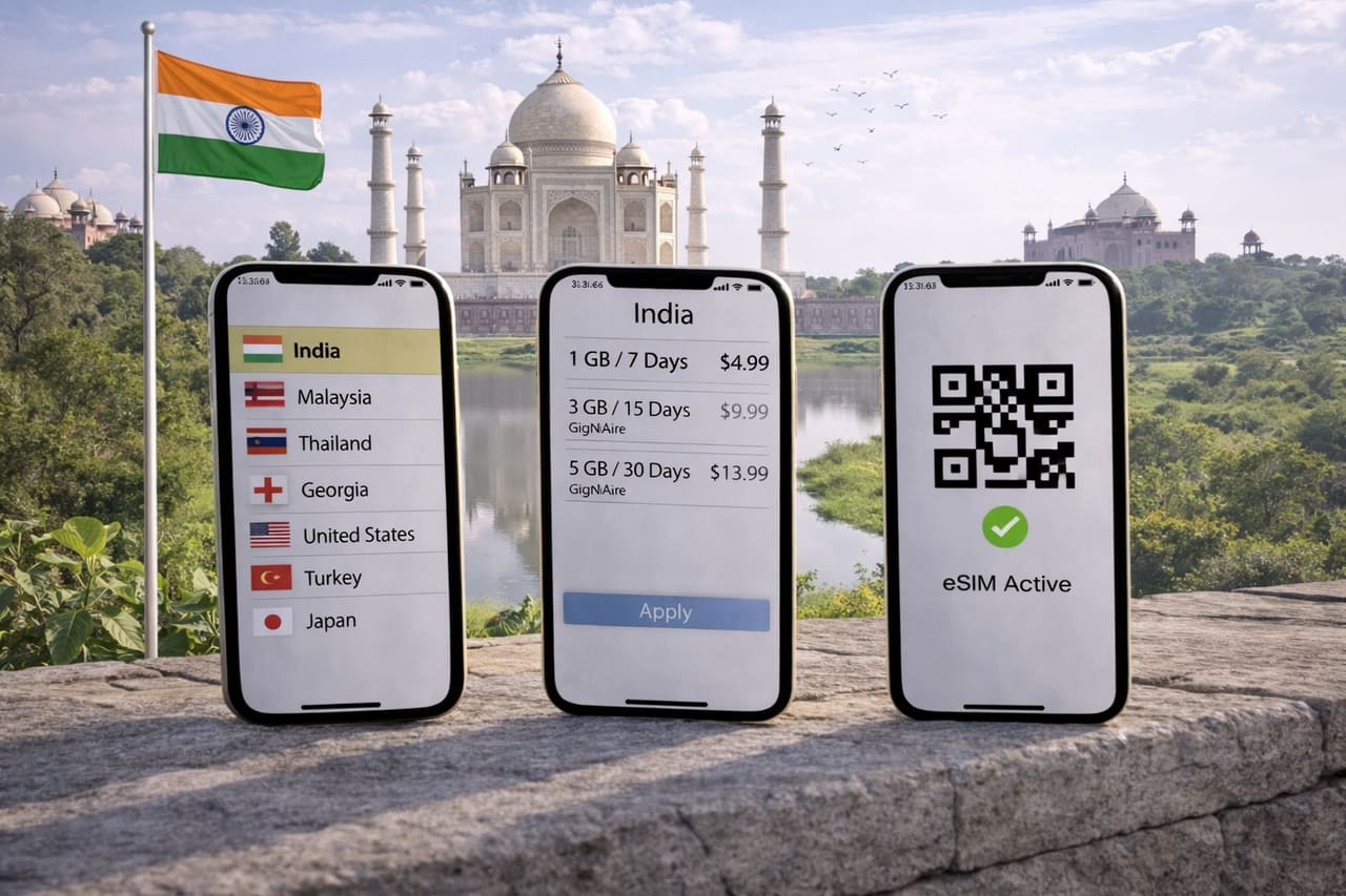 Tři smartphony s výběrem země India, tarify eSIM pro Indii a aktivačním QR kódem na pozadí Tádž Mahalu a indické vlajky.