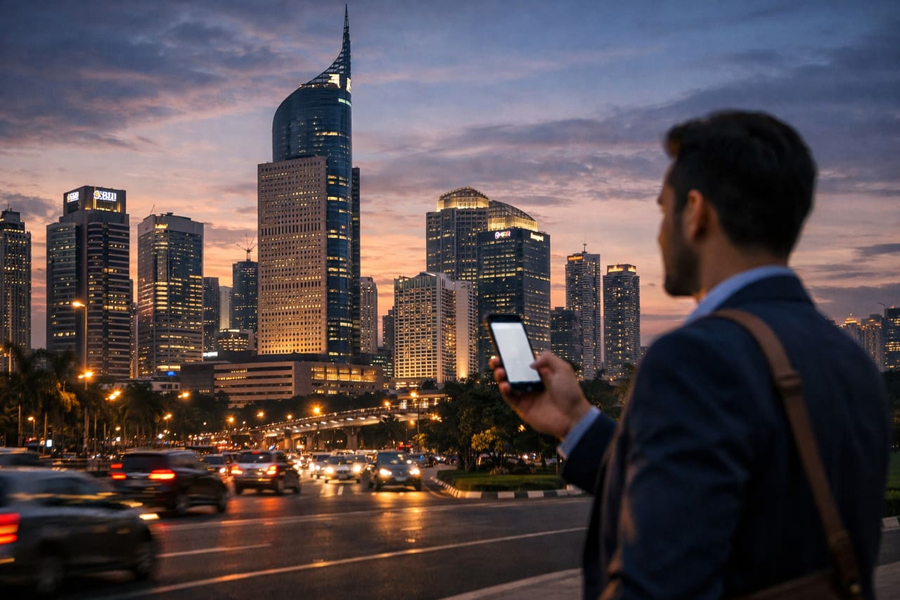 Grattacieli di Jakarta e un uomo con lo smartphone