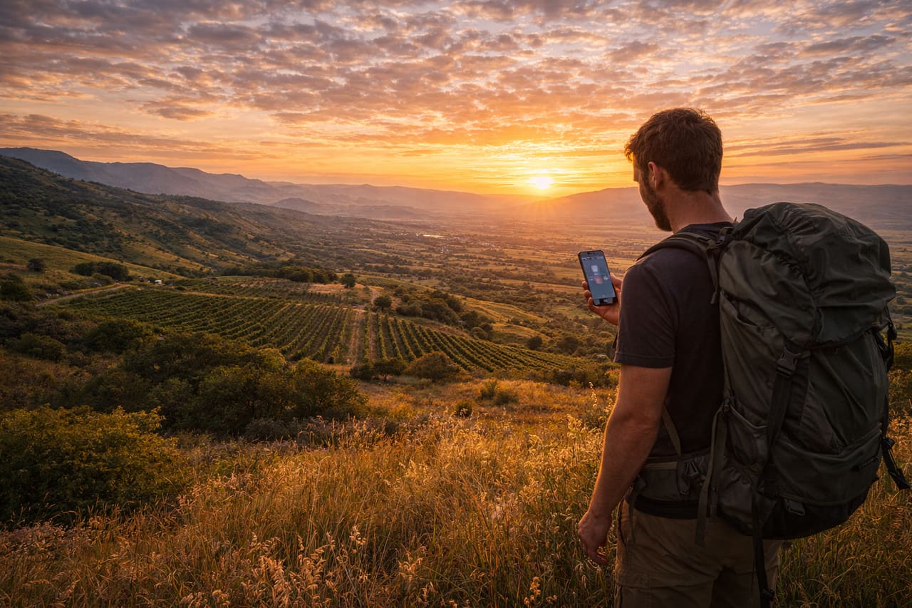 Paesaggi delle Alture del Golan e un viaggiatore che usa uno smartphone con eSIM