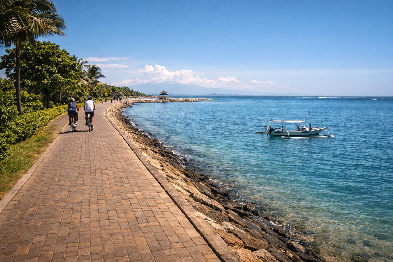 Spiaggia di Sanur e lungomare nella luce del mattino