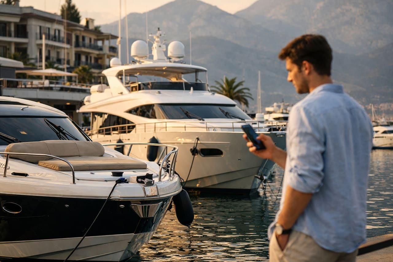Marina di Porto Montenegro e un turista con lo smartphone