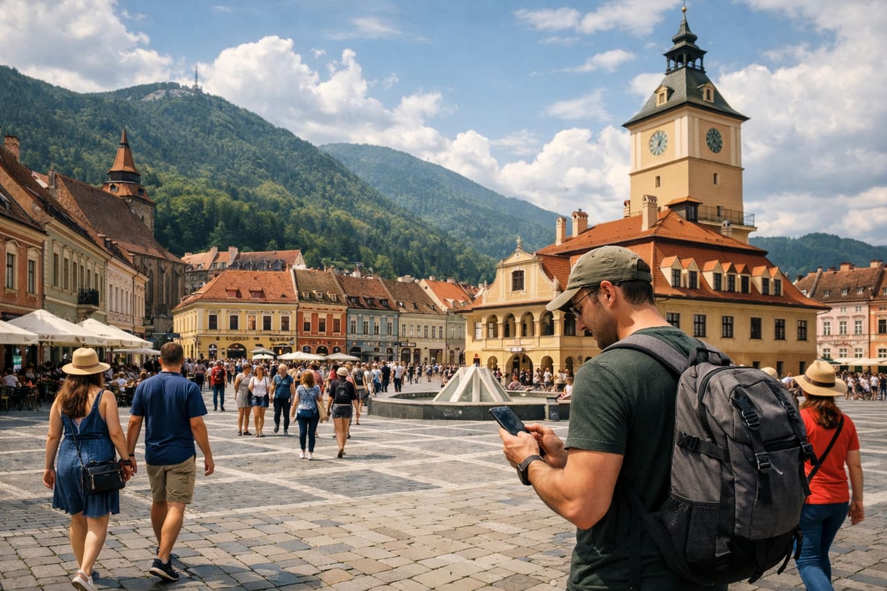 Il centro storico di Brașov con vivaci edifici storici.
