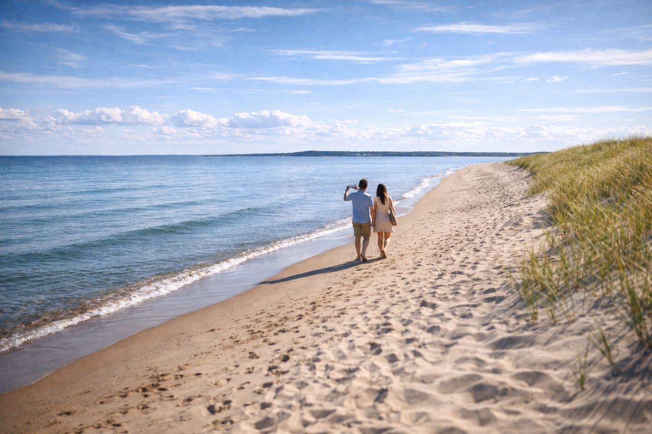 Spiaggia di Lemland nelle Isole Åland con turisti e smartphone con eSIM