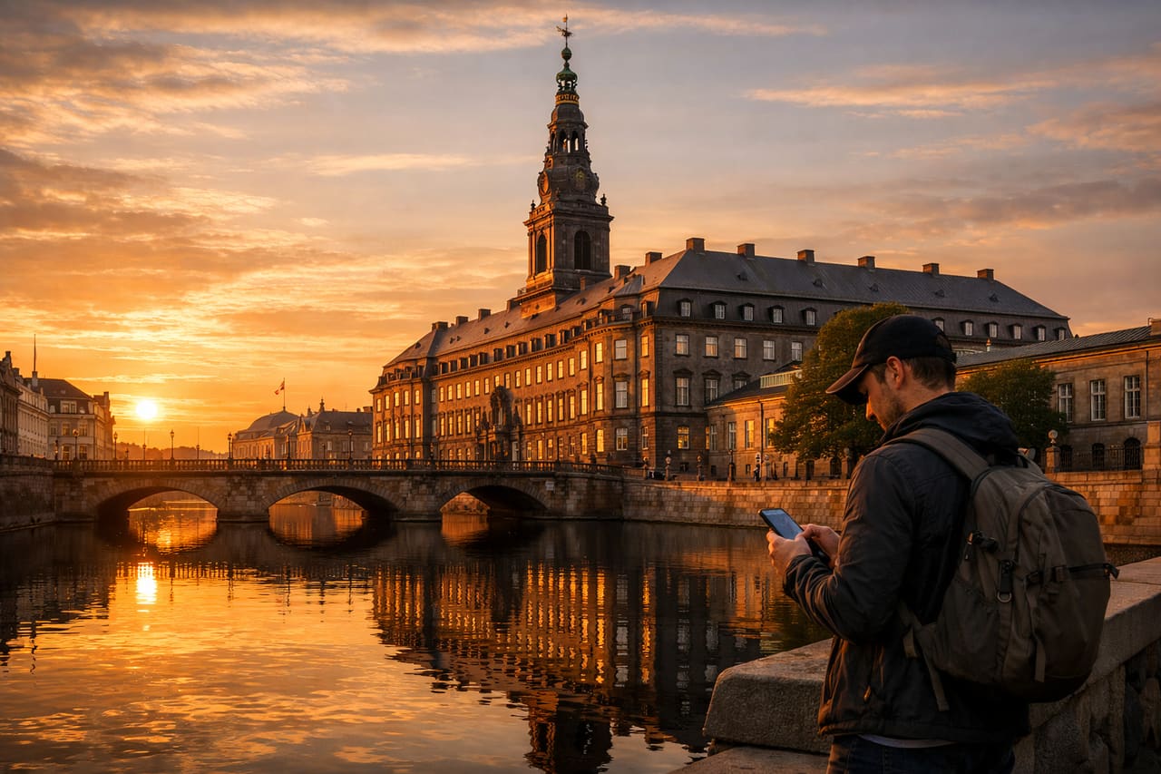 Palazzo di Christiansborg e turista che usa un’eSIM
