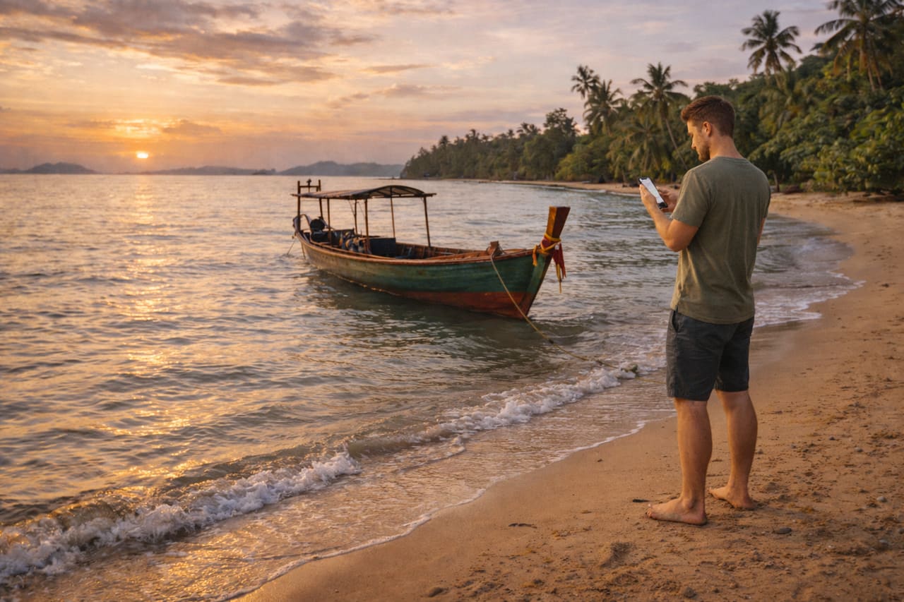 Isola di Koh Tonsay e turista che coordina il transfer tramite eSIM