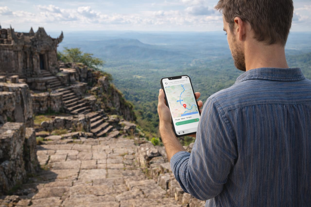 Tempio Preah Vihear sulla scogliera e turista con navigazione tramite eSIM