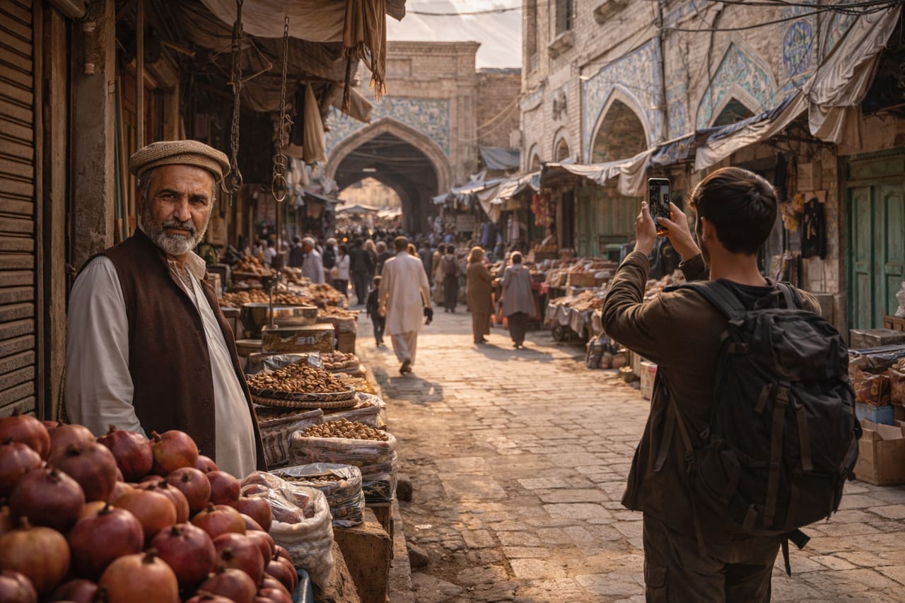 Strade di Kandahar e un viaggiatore con telefono con eSIM