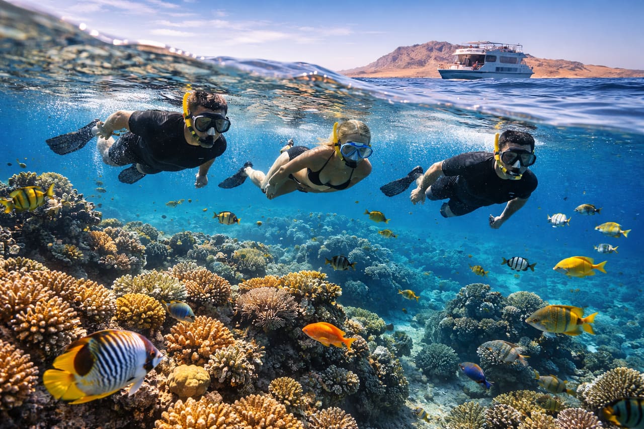 Isola di Tiran e mare turchese del Mar Rosso con barche e turisti, vacanza in Egitto con internet eSIM