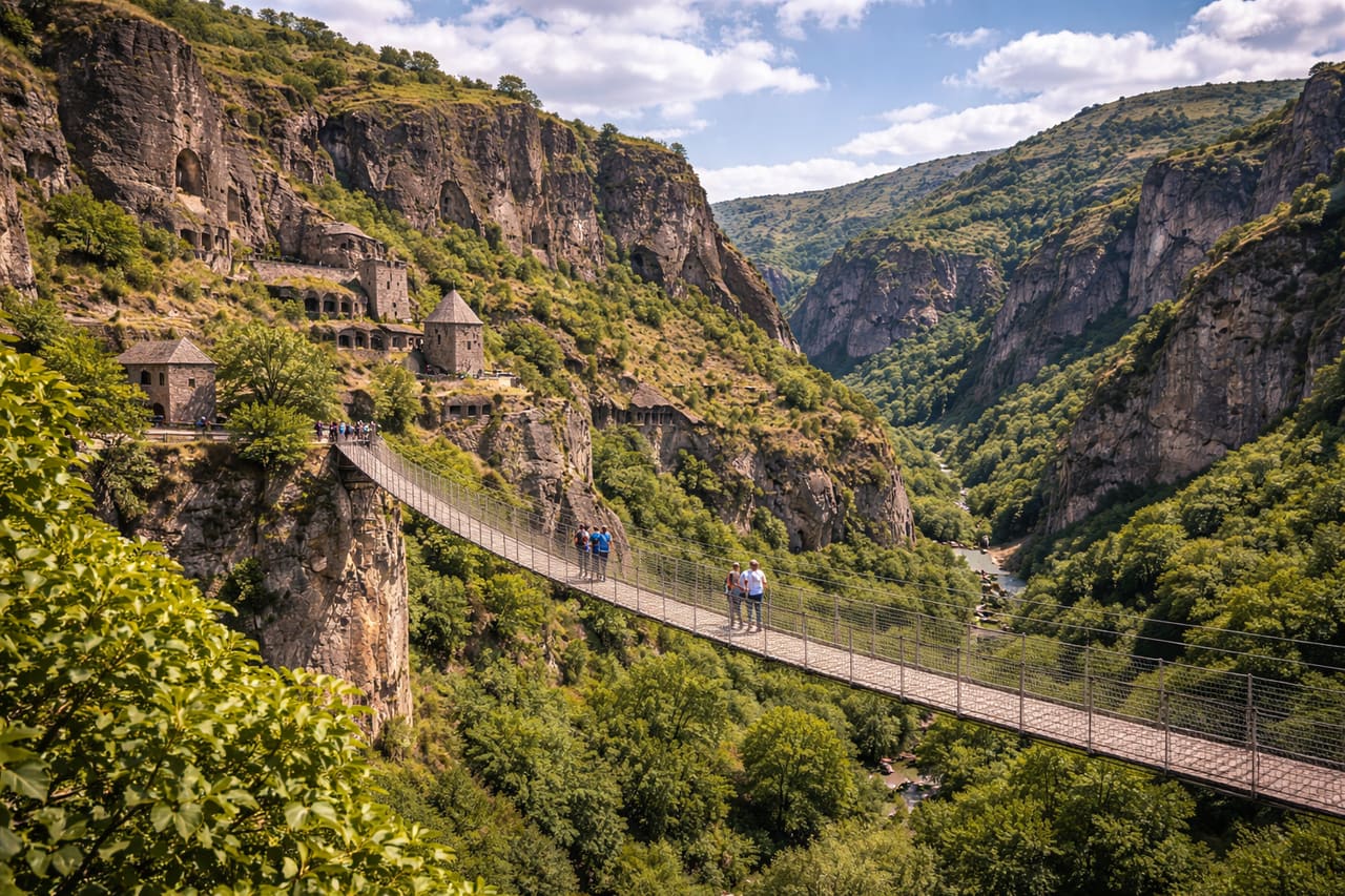Città rupestre di Khndzoresk con ponte sospeso